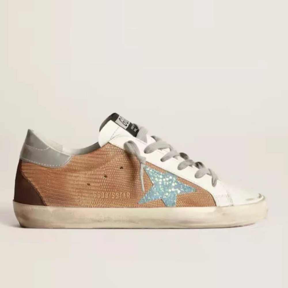 Golden Goose Sneaker Superstar in Brown and Light Blue Glitter, size 39